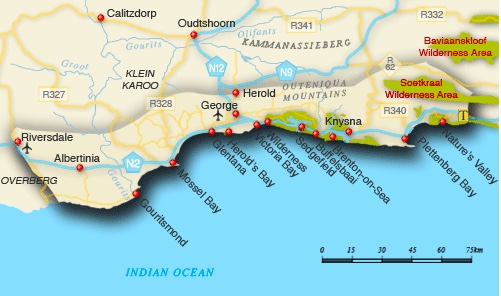 Map of the Garden Route region in the Western Cape of South Africa